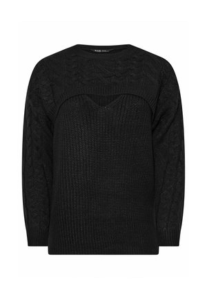 Schwarzer Strickpullover mit Kabel- und Rippenstruktur, rundem Ausschnitt und leicht taillierter Silhouette. Dezente Musterung im gesamten Design.