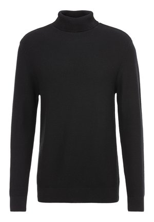 Black turtleneck sweater made of textured knitted material, featuring long sleeves and a fitted silhouette, without any patterns or accents.