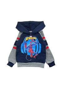 Haut à capuche bleu marine et gris avec des rayures rouges, présentant un graphique de Spider-Man sur le devant. Mélange de coton avec une texture douce et une poche kangourou.