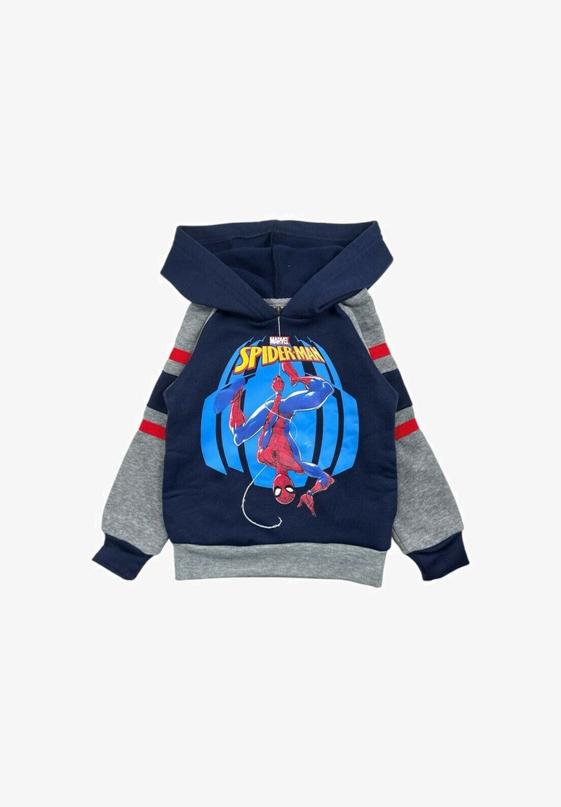 Haut à capuche bleu marine et gris avec des rayures rouges, présentant un graphique de Spider-Man sur le devant. Mélange de coton avec une texture douce et une poche kangourou.