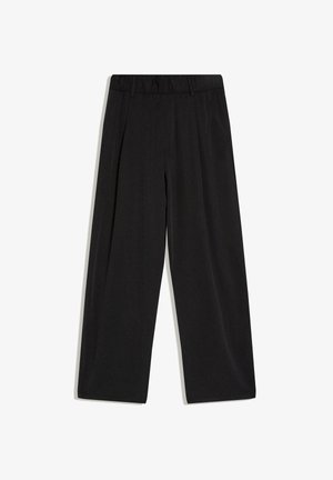 Black high-waist wide-leg trousers with an elastic waistband and no visible pockets or embellishments.