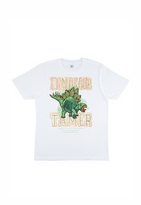 Hvid bomulds T-shirt med et grønt dinosaur grafik. Teksten siger "DINOSAUR TAMER" i orange og sort, med yderligere tekst nedenunder.
