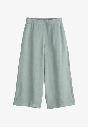 Pantaloni larghi verde chiaro realizzati in un tessuto morbido e testurizzato. Presentano una vita elastica e tasche laterali, con una silhouette rilassata.