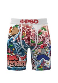 Men's boxer shorts featuring a multicolored cartoon print of Tom and Jerry, with a white waistband and playful graffiti-style accents.