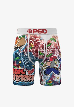 Herenboxershorts met een meerkleurige cartoonprint van Tom en Jerry, met een witte tailleband en speelse graffiti-accenten.