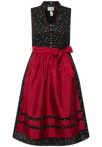 Robe avec un corsage noir ajusté, imprimé floral et une jupe en satin rouge ample. Présente un nœud à la taille et une fermeture à boutons à l'avant.
