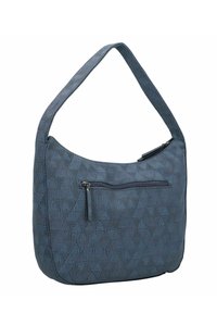 Sac à épaule bleu à motifs avec une surface texturée, des motifs triangulaires, une poche avant zippée et une bandoulière courbée pour un transport facile.