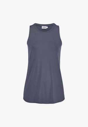 Mouwloos dames tanktop in effen donkerblauw met ronde hals en aansluitende pasvorm.
