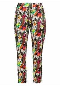Farverige, mønstrede bukser med et blomstermotiv i pink, grøn og orange på en brun baggrund. De har en snor til livet og lynlåslommer.