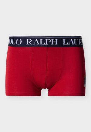 Punased meeste bokserpüksid musta vöökohaga, millel valge "Polo Ralph Lauren" tekst ja väike tikitud embleem paremal küljel.