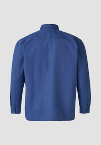 Blaues langärmeliges Hemd mit Kragen und knöpfbaren Manschetten, mit einer glatten Textur und geradem Schnitt, von hinten präsentiert.