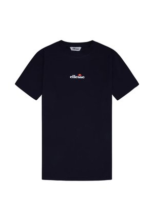 Black short-sleeve t-shirt with a round neck and white "ellesse" logo centered on the chest featuring a red and orange semi-circle design.