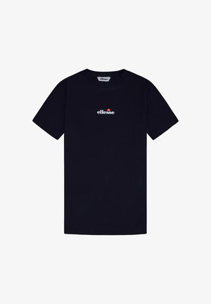Black short-sleeve t-shirt with a round neck and white "ellesse" logo centered on the chest featuring a red and orange semi-circle design.
