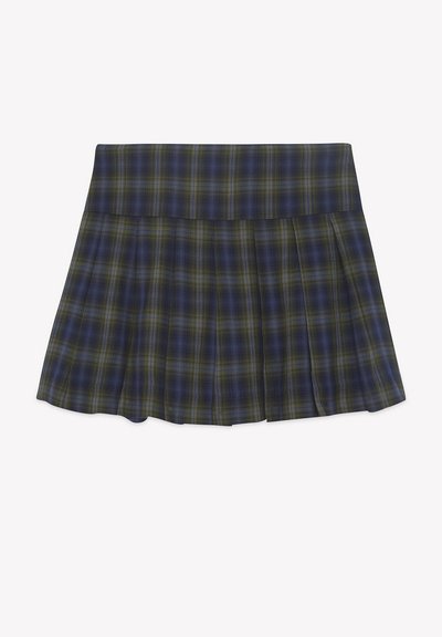 Jupe plissée à carreaux bleus et verts avec une large ceinture, présentée à plat sur fond blanc.