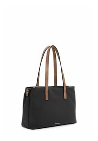 Borsa tote nera realizzata in materiale sintetico, con doppio manico in pelle testa di moro e chiusura con zip. Texture liscia con un design semplice.