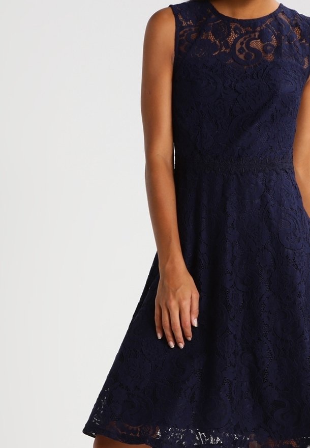 Navy lace dress with a sleeveless design, intricate floral patterns, a fitted bodice, and a flared skirt falling below the knee.