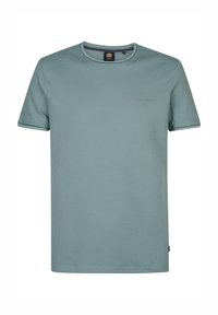 Lichtblauw T-shirt met korte mouwen in een gestructureerde stof, voorzien van een ribgebreide ronde hals en een subtiele logodetail op de borst. Klassieke pasvorm en effen kleur.