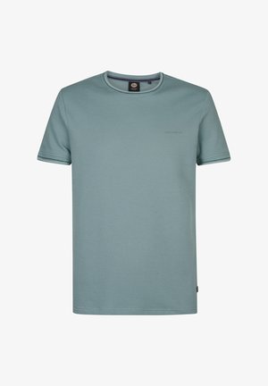 Lichtblauw T-shirt met korte mouwen in een gestructureerde stof, voorzien van een ribgebreide ronde hals en een subtiele logodetail op de borst. Klassieke pasvorm en effen kleur.