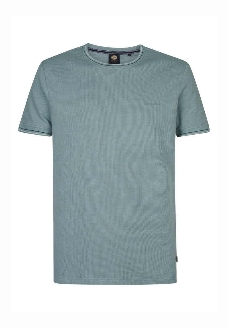 Lichtblauw T-shirt met korte mouwen in een gestructureerde stof, voorzien van een ribgebreide ronde hals en een subtiele logodetail op de borst. Klassieke pasvorm en effen kleur.