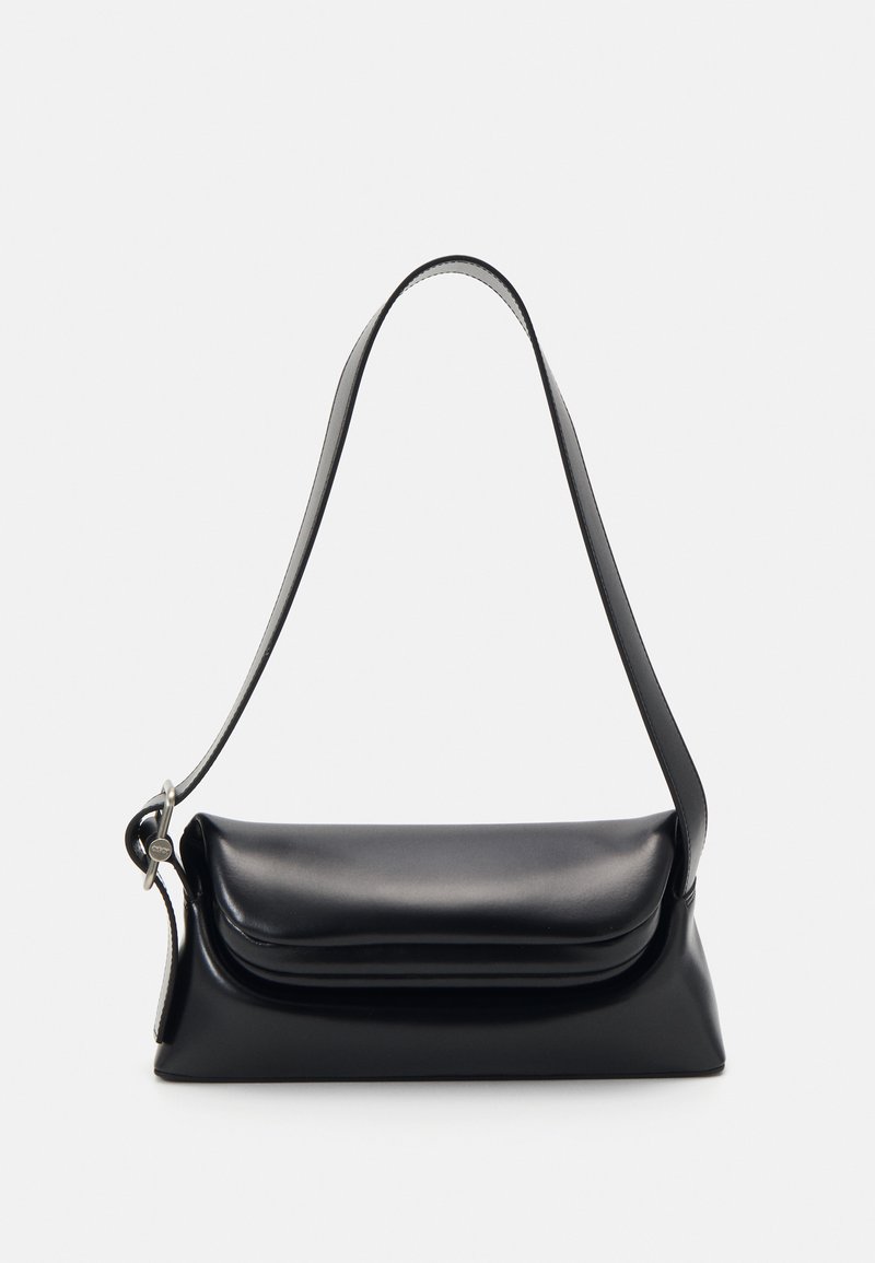 Black leather handbag with a structured shape, a smooth texture, and a single shoulder strap. Features a subtle, rounded flap design.