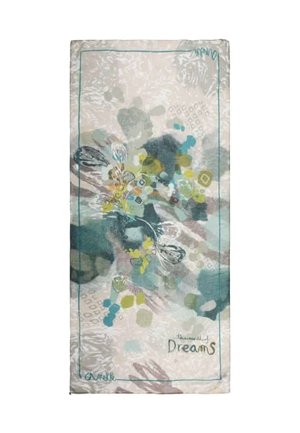 Tissu rectangulaire avec un motif floral abstrait dans des nuances de bleu, vert et jaune, bordé de bleu canard, avec le texte "le monde des rêves" dans le coin inférieur droit.