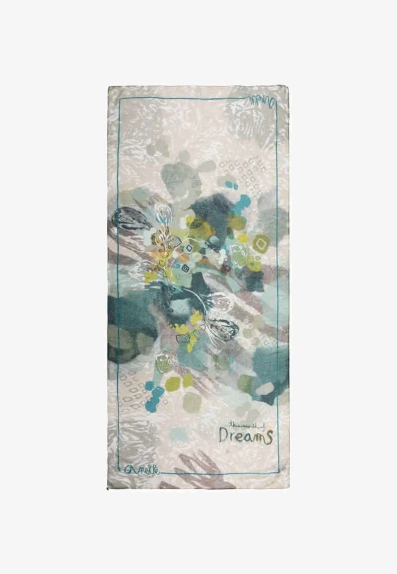 Tessuto rettangolare con motivo floreale astratto in tonalità di blu, verde e giallo, bordato in teal, con il testo "il mondo dei sogni" nell'angolo in basso a destra.