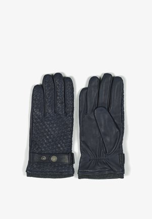 Marine læderhandsker med vævet tekstur på den ene side, glat læder på den anden, med håndledsrem og elastisk manchet.