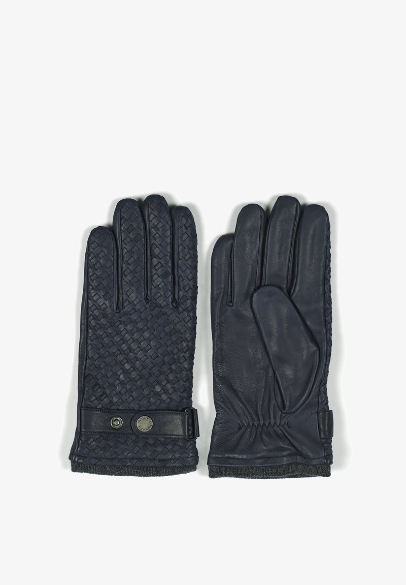 Marine lærhansker med vevd tekstur på den ene siden, glatt lær på den andre, med håndleddsreim og elastisk mansjett.