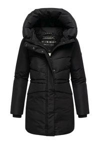 Black puffer jacket with a padded design, large hood, zip closure, and button accents. Features long sleeves and side pockets.