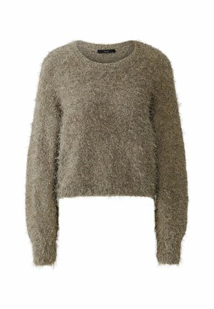 Fuzzy, cropped sweater in an olive green hue. Long sleeves, round neckline, soft texture with a fluffy finish. Simple design, no patterns.