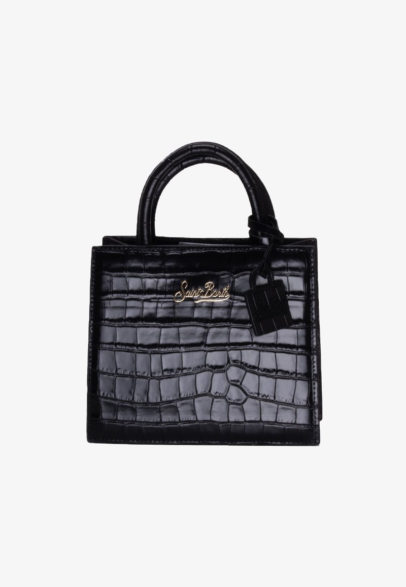Borsa nera con texture a coccodrillo, logo dorato "Saint Barth", manici superiori e un piccolo cartellino. Forma rettangolare compatta, finitura lucida.