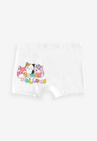 Shorts bianchi in cotone con una grafica colorata di animali dei cartoni animati e il testo "Squishmallows" in lettere grasse e giocose.