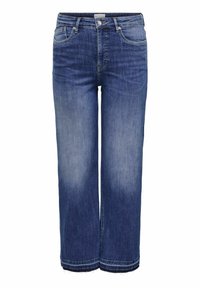 Light blue denim wide-leg jeans with a mid-rise waist. Features traditional five-pocket styling and a frayed hem. Classic dark stitching.
