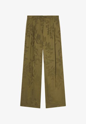 Olijfgroene wijde broek met een subtiel bloemenpatroon, plooien aan de voorkant, een tailleband met knopen en zijzakken.