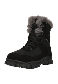 Svart vinterkänga med en texturerad överdel, krage i konstpäls och en robust gummisula. Har snörningsdesign och vaddering för värme och stöd.