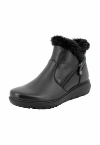 Stivaletto in pelle nera con bordo in pelliccia sintetica, chiusura con zip laterale, punta rotonda e suola in gomma texturizzata. Finitura liscia e design minimale.