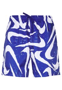 Blå och vita badshorts med abstrakta vågmönster, elastisk midja och snörning framtill. Tillverkade av lättviktsmaterial som torkar snabbt.