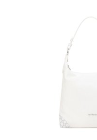 Weißes Lederhandtasche mit glatter Textur, gekennzeichnet durch eine geschwungene Form und einem gemusterten grauen Akzent am Boden. Verstellbarer Schultergurt.