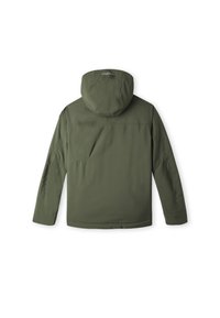 Groene hooded jas met een zachte textuur, voorzien van een enkele schuine zak op de achterkant en verstelbare manchetten; modern ontwerp voor buitengebruik.
