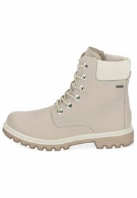 Bottine en cuir beige avec dessus texturé, accents blancs, six paires d'œillets et semelle en caoutchouc robuste. Détails de couture visibles.