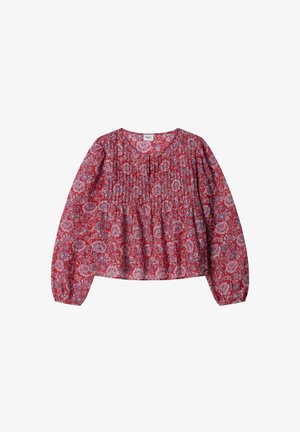 Rote Bluse mit Blumenmuster, langen gepufften Ärmeln, einem gerafften Ausschnitt und leichtem, strukturiertem Stoff. Mit aufwendigen blauen und weißen Mustern.