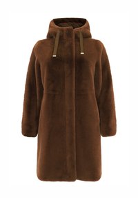 Brauner Kunstfellmantel mit Kapuze, gerader Silhouette, seitlichen Taschen und langen Ärmeln. Enthält Stoffbänder mit Metallakzenten.