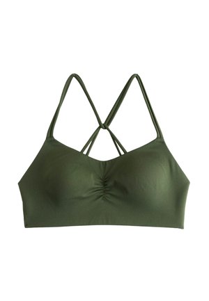 Olive green bikini top with a smooth texture, featuring a gathered center and crisscross straps for support and style.