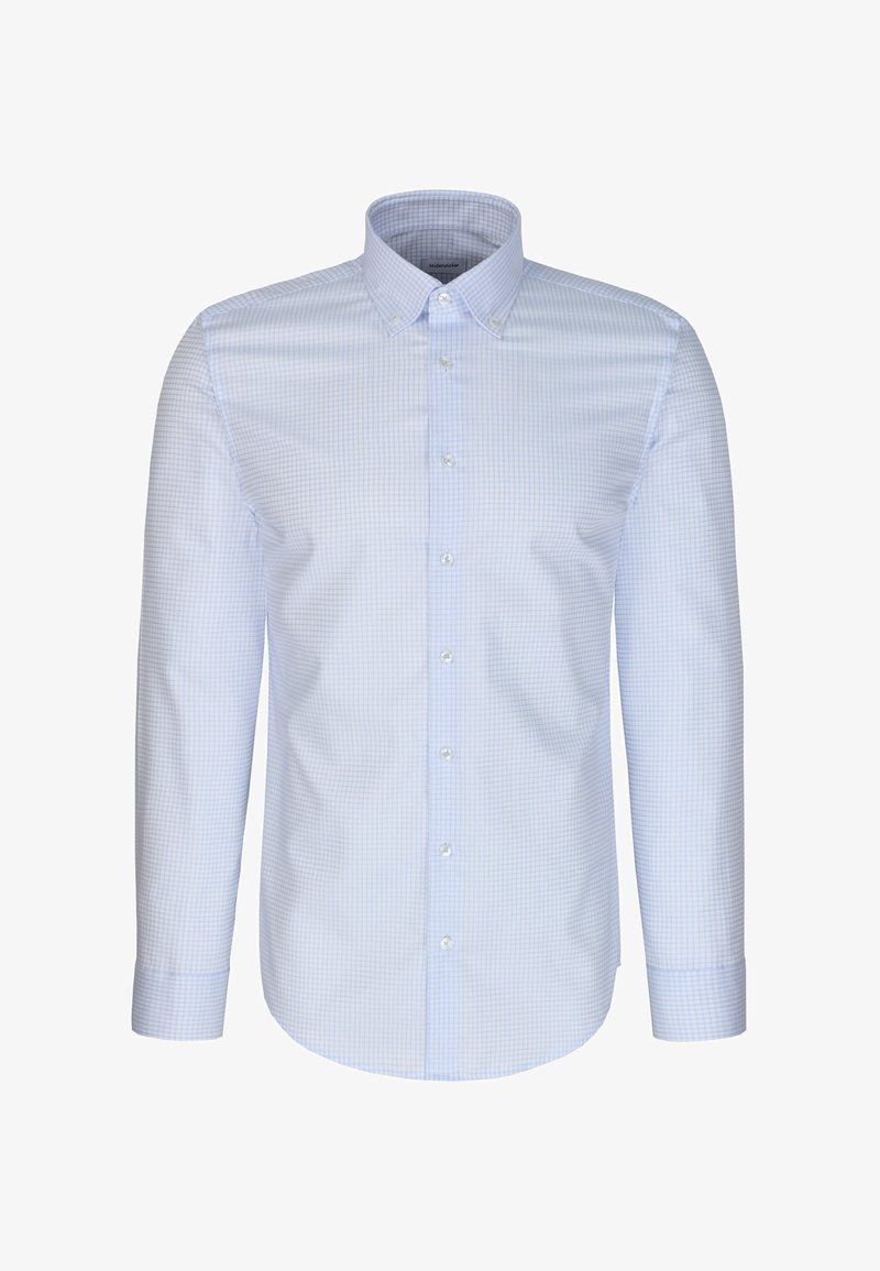 Chemise habillée bleu clair à manches longues avec petit motif à carreaux, devant boutonné et col boutonné.