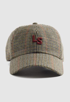 Cap features a plaid design in green, yellow, and red, made of textured fabric. A maroon "LS" logo is embroidered on the front.