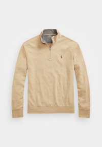 Sudadera beige con media cremallera en el cuello, forro interior gris, puños acanalados y logo bordado en el pecho. Tejido liso de mezcla de algodón.