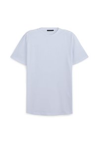 Maglietta in cotone azzurro chiaro con collo rotondo, maniche corte e vestibilità comoda. Texture liscia, senza motivi o dettagli visibili.