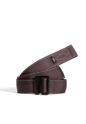 Brown nylon belt with a textured finish, featuring a black metal buckle and stitched detailing along the edges.