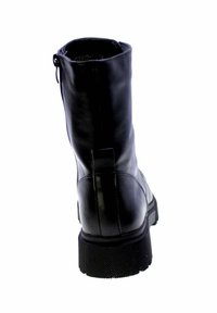 Stivale alla caviglia in pelle nera con punta arrotondata, suola in gomma texture e una cerniera sul retro per un facile accesso. Presenta un tacco robusto e una finitura liscia.
