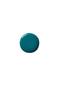 Teal verf druppel met een glanzende afwerking, ronde vorm en gladde textuur op een witte achtergrond. Geen zichtbare patronen of hardware.